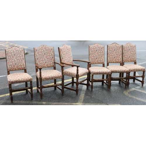 568 - A set of 6 good quality oak dining chairs with cream floral overstuffed seated and backs with studde... 