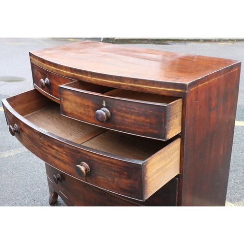 577 - A 19th Century mahogany bow fronted chest of drawers with part inlaid stringing and banding, 2 short... 