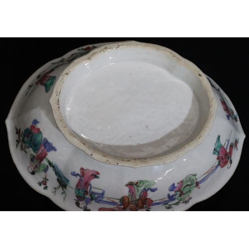 58 - A 19th Century Cantonese oval bowl with crinkle rim on white ground with multi-coloured figure decor... 