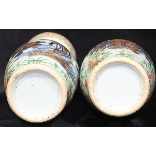 74 - A pair of 19th Century Cantonese small round bulbous thin necked trumpet shaped vases with multi-col... 