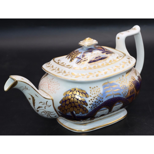 87 - A 19th Century Spode style rectangular bulbous shaped teapot on white, blue and red ground with figu... 