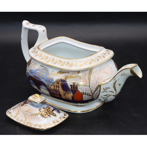 87 - A 19th Century Spode style rectangular bulbous shaped teapot on white, blue and red ground with figu... 