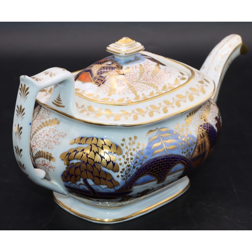 87 - A 19th Century Spode style rectangular bulbous shaped teapot on white, blue and red ground with figu... 