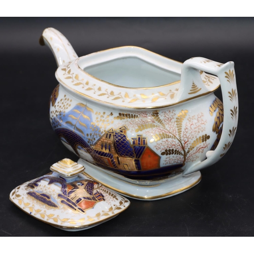 87 - A 19th Century Spode style rectangular bulbous shaped teapot on white, blue and red ground with figu... 