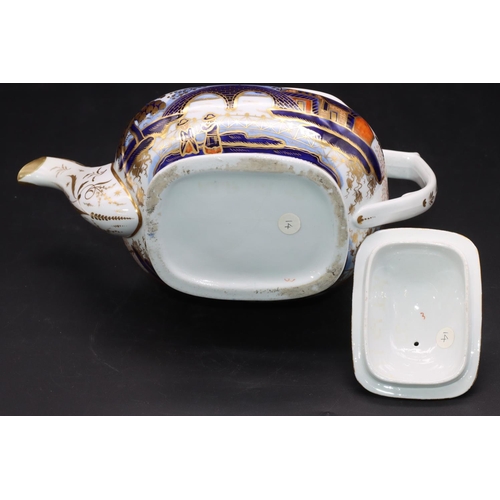 87 - A 19th Century Spode style rectangular bulbous shaped teapot on white, blue and red ground with figu... 