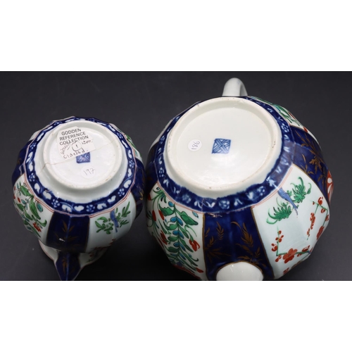 90 - An 18th Century Worcester round bulbous shaped teapot on white, blue and red ground with floral, lea... 