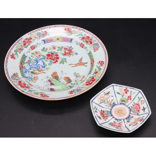 91 - An 18th Century famille rose small hexagonal dish with multi-coloured bird and floral decoration, 12... 