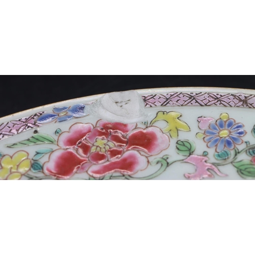 91 - An 18th Century famille rose small hexagonal dish with multi-coloured bird and floral decoration, 12... 