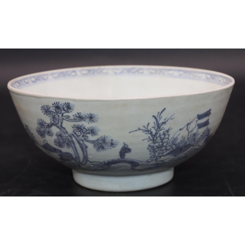 96 - A Nanking Cargo blue and white bowl depicting figure on arched bridge, 15cm diameter