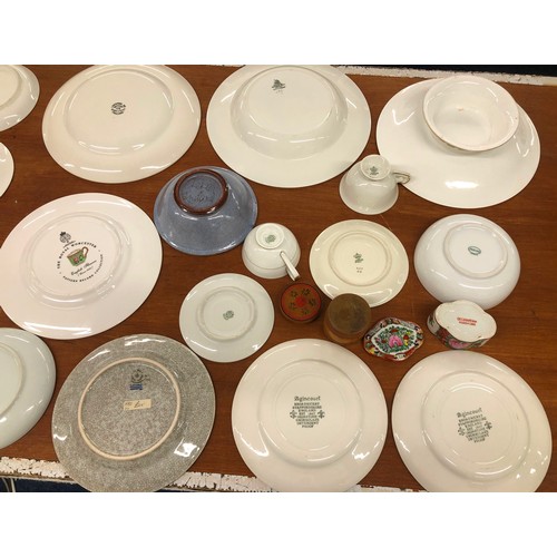 9143 - A 19th Century small comport with green twist decoration and a quantity of various china plates, sau... 