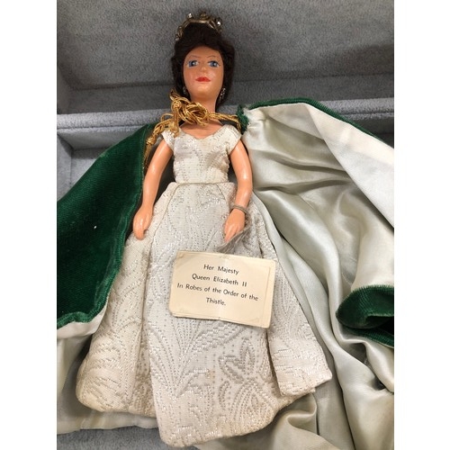 9285 - 2 Peggy Nisbet Collectors Costume dolls, 19cm high, Queen Elizabeth II in robes of the Order of the ... 