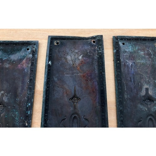 9288 - A set of 13 brass door plates, 28.5cm x 7.5cm, each with 6 screw holes (1 corner slightly bent).