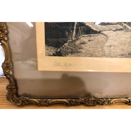 9078 - A black and white print of a lady, 47 x 37cm in wood and gilt frame (some damage) and another black ... 