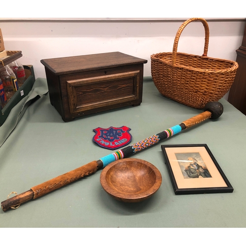 1027 - A wood work box, 38 x 20 x 25cm, a small wicker basket, a reproduction African stick etc.