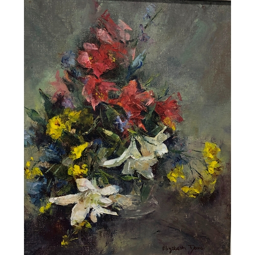 1042 - An oil on board still life of flowers signed Elizabeth Davis (local Dorking artist), 29.5 x 25cm, fr... 