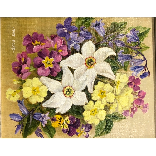 1044 - An oil on board still life of flowers signed Pat Foad, 16 x 13cm, framed, a Pat Foad gouache still l... 