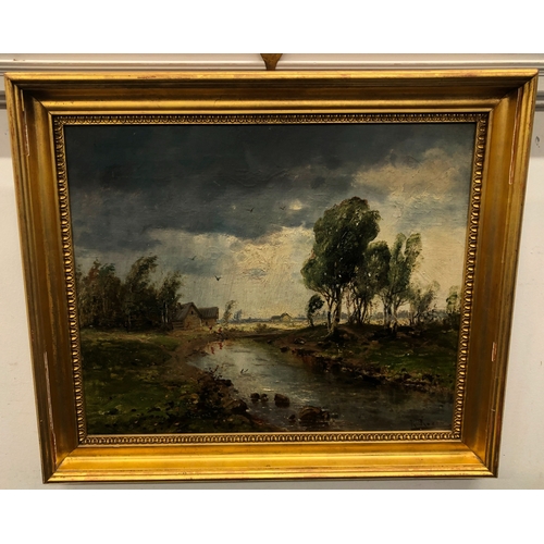 1048 - A 19th Century oil on canvas depicting, river, house, trees and children playing,  42 x 52cm, in gil... 