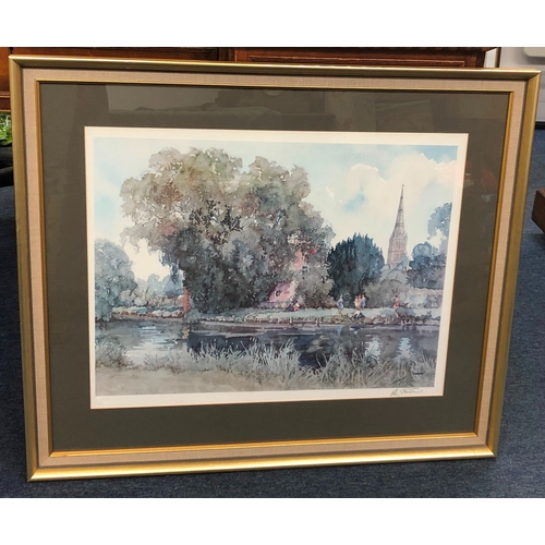 1050 - A Sturgeon print depicting river, Salisbury Cathedral spire, trees and people, 49 x 63cm, with water... 