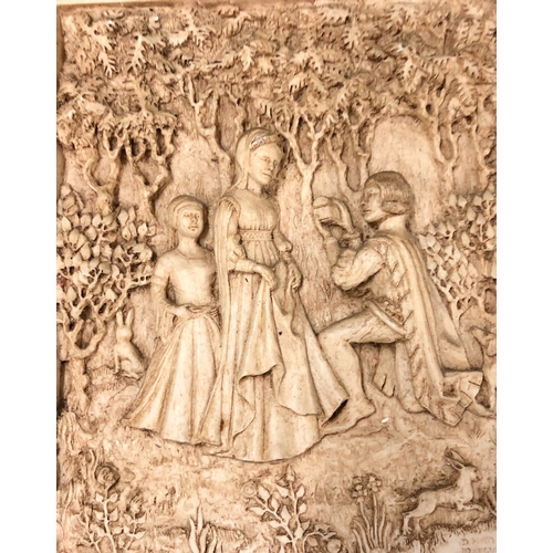 1123 - A framed relief plaque by D H Morton Marcus Designs of a Medieval scene, 44 42cm (chipped and frame ... 