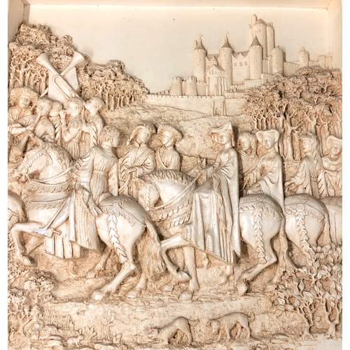 1123 - A framed relief plaque by D H Morton Marcus Designs of a Medieval scene, 44 42cm (chipped and frame ... 