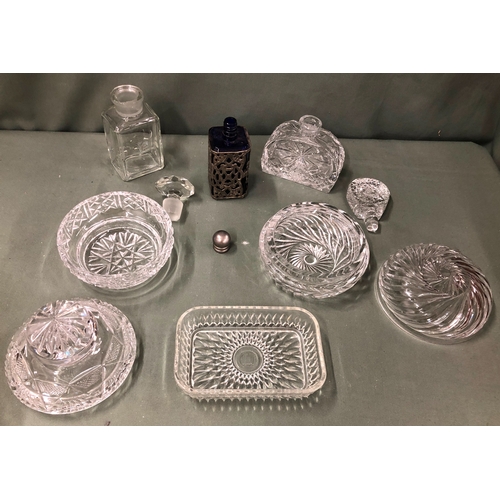 1124 - A quantity of cut glass, 4 large dishes, 2 lidded pots etc.