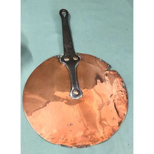 1142 - A lead cannon ball, a copper kettle with porcelain, handle, a brass pan cover, 6 plated teaspoons, 3... 