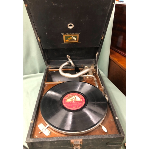 1150 - A Beatles blue 1967-1970 double LP and an HMV Gramophone in hard wood case with 3 records