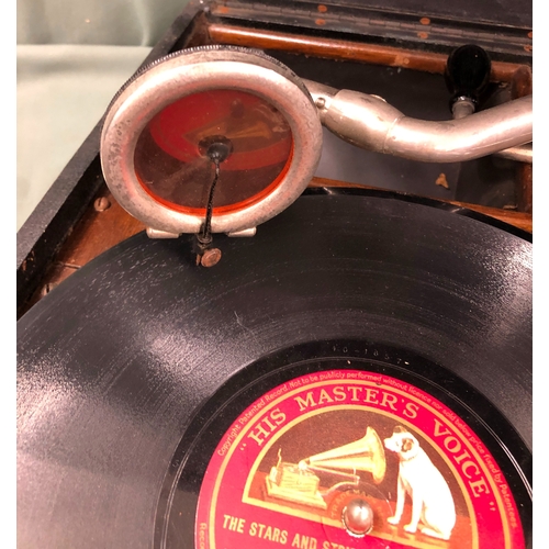 1150 - A Beatles blue 1967-1970 double LP and an HMV Gramophone in hard wood case with 3 records