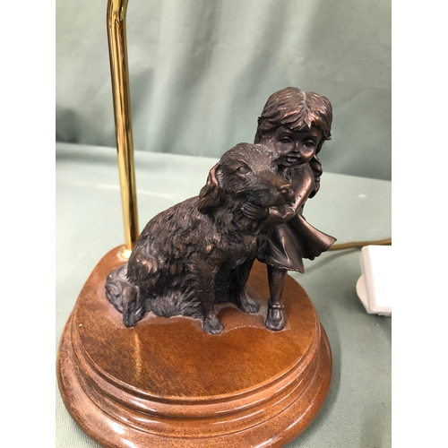 1154 - A table lamp with bronze effect resin figure of a dog and girl on wood base, 44cm high overall.