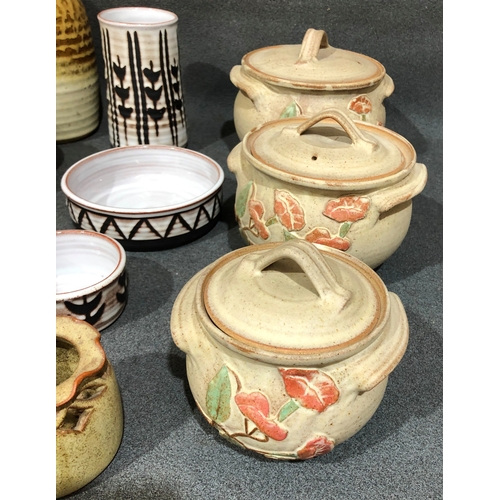 1203 - A quantity of various stoneware including 3 Tregaron Cymru pots with lids etc.