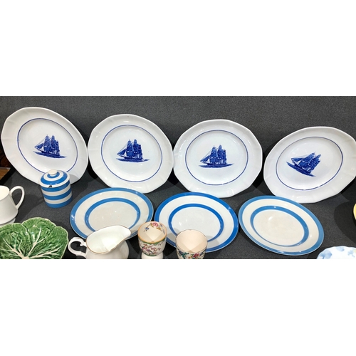 1204 - 3 Cornish ware plates and jam pot, 3 Portuguese green leaf plate (chip to 1 edge) and a quantity of ... 