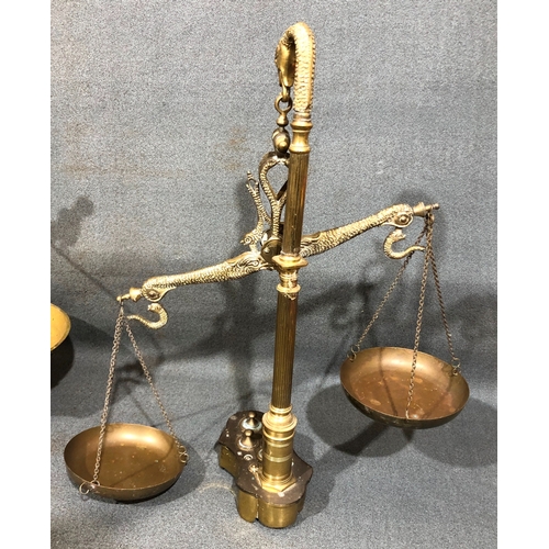 1207 - A set of brass scales, 58cm high overall (1 weight missing) and another set of wrought iron scales 4... 