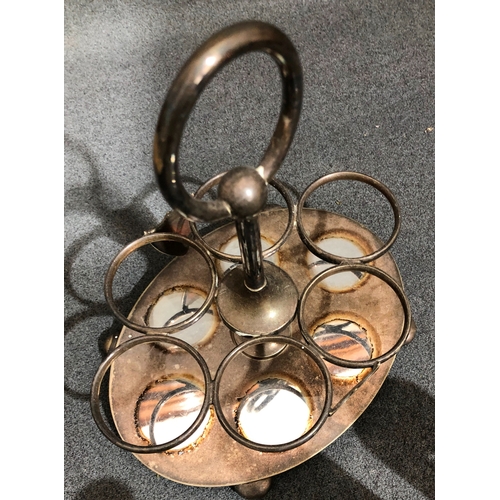 1214 - A silver-plated condiment set, (1 non-matching bottle and 1 bottle cracked), 24cm high overall.