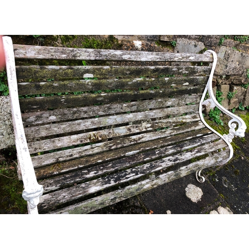 1224 - A white painted metal and teak garden bench, 125cm wide, 62cm deep, 85cm high. This item is not held... 