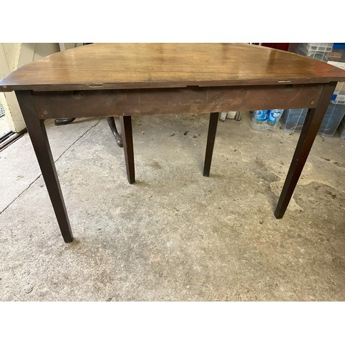 1259 - A demi lune mahogany table 105cm wide, 48cm deep, 71cm high (1 leg repaired and loose, water stain a... 