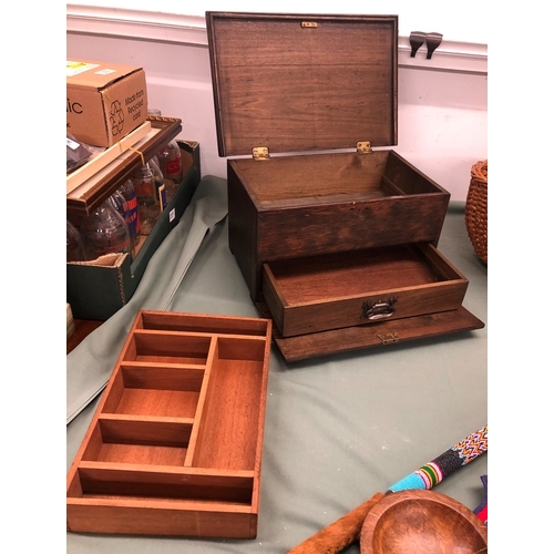 1027 - A wood work box, 38 x 20 x 25cm, a small wicker basket, a reproduction African stick etc.