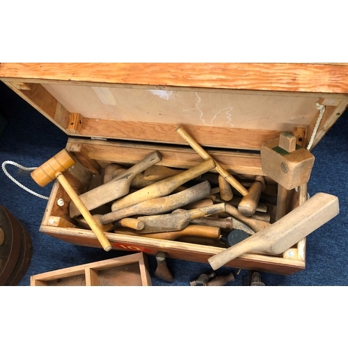 1032 - A quantity of various wood working tools, mallets, chisels etc. with large box, 70 x 30 x 26cm etc.