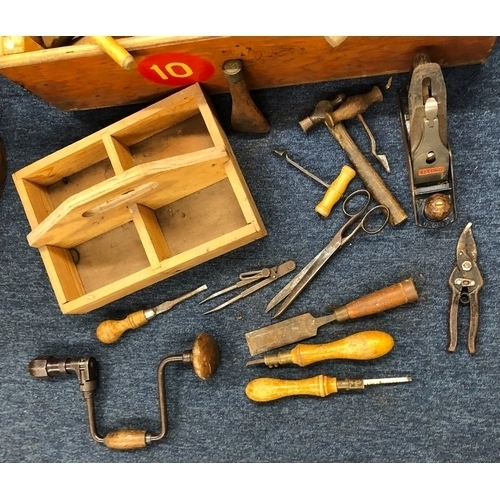 1032 - A quantity of various wood working tools, mallets, chisels etc. with large box, 70 x 30 x 26cm etc.