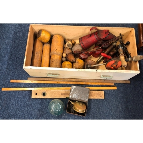 1037 - A quantity of various turned wood including fishing floats, a glass buoy, rulers and various hand dr... 