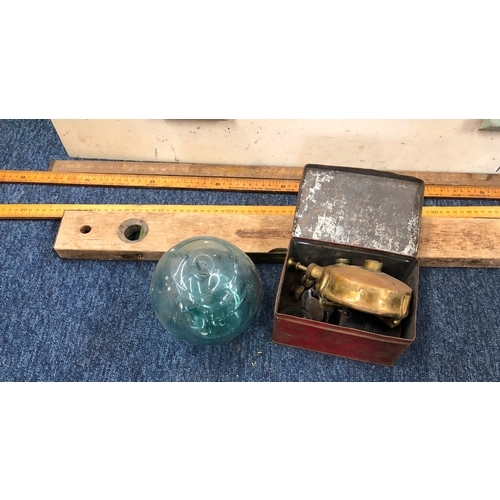 1037 - A quantity of various turned wood including fishing floats, a glass buoy, rulers and various hand dr... 