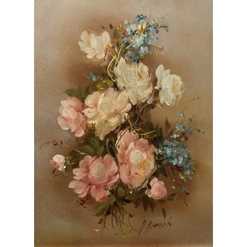 1046 - 2 still life paintings of flowers, indistinctly signed, 23 x 27cm, in matching frames.