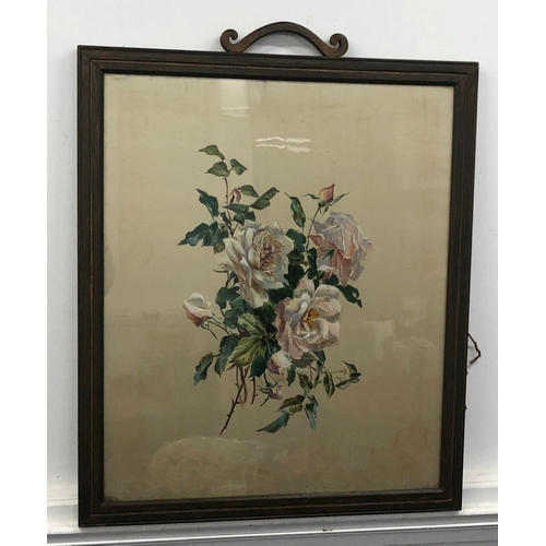 1051 - A silk screen panel with painted roses (some water damage),  61 x 51cm, in wood frame