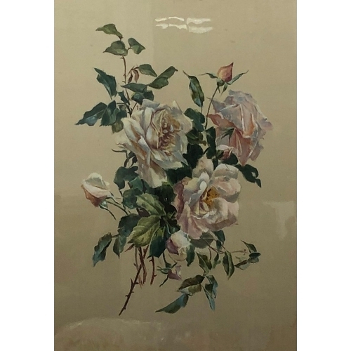 1051 - A silk screen panel with painted roses (some water damage),  61 x 51cm, in wood frame