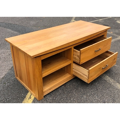 1063 - A JB Global light oak small TV cabinet with 2 deep drawers, open shelf area and cable hole to back p... 