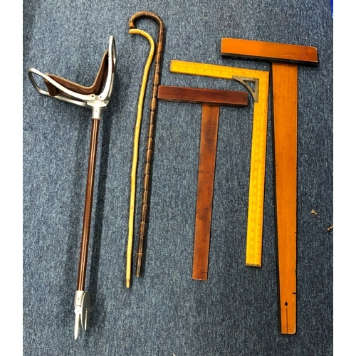 1140 - A leather shooting stick, Made in England, 3 wooden T-square rulers, and 2 walking sticks.