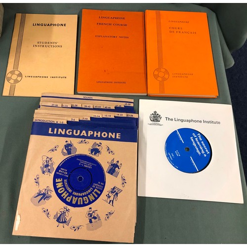 1302 - A French Linguaphone Institute Course (cased), a stone-based calendar (incomplete)and a brass door k... 