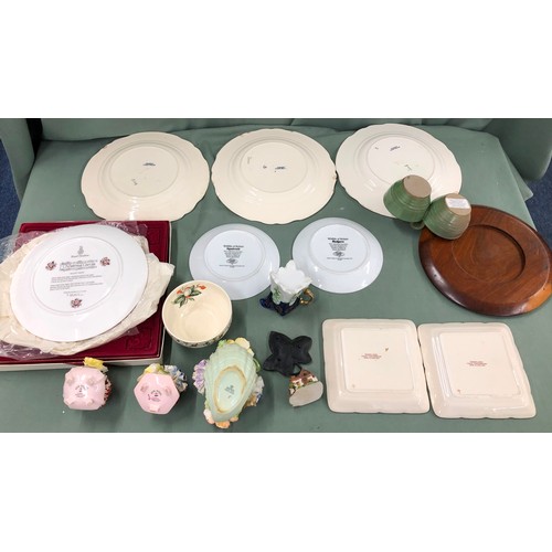 1310 - 3 Wedgwood plates with floral pattern (chips to back edges), a Royal Doulton Christmas Carol plate, ... 