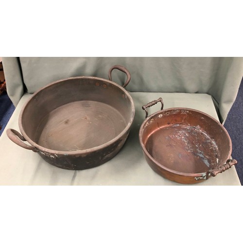 1313 - A large antique jam pot, 43cm diameter and a smaller copper jam pot, 32cm diameter