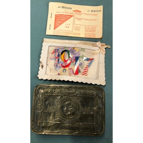 1316 - A 1917 Souvenir embroidered card, a 1914 Christmas box, a Motor Fuel Ration Book and various other c... 