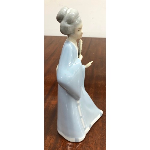 1339 - A porcelain figure of an Oriental lady holding a fan, stamped Miguel Requena, Valencia, 22.5cm high.